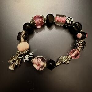 Pink & Black Glass Bead Charm Breast Cancer Stretch Bracelet